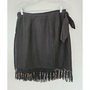 Vtg DKNY Black Linen Wrap Skirt Medium Beaded Tassel Hem Hong Kong 90s Boho